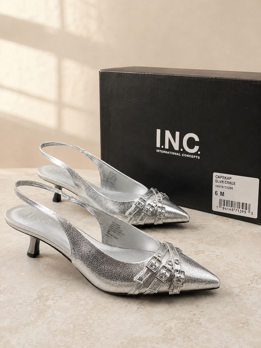 NIB INC International Concepts Capeka Silver Crinkle Slingback Pumps Women’s 6M